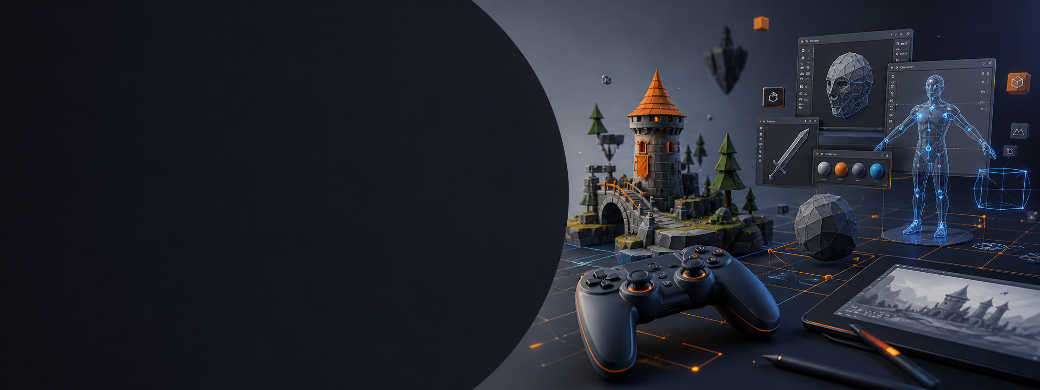 Game design and 3D art course with game controller and 3D environment assets