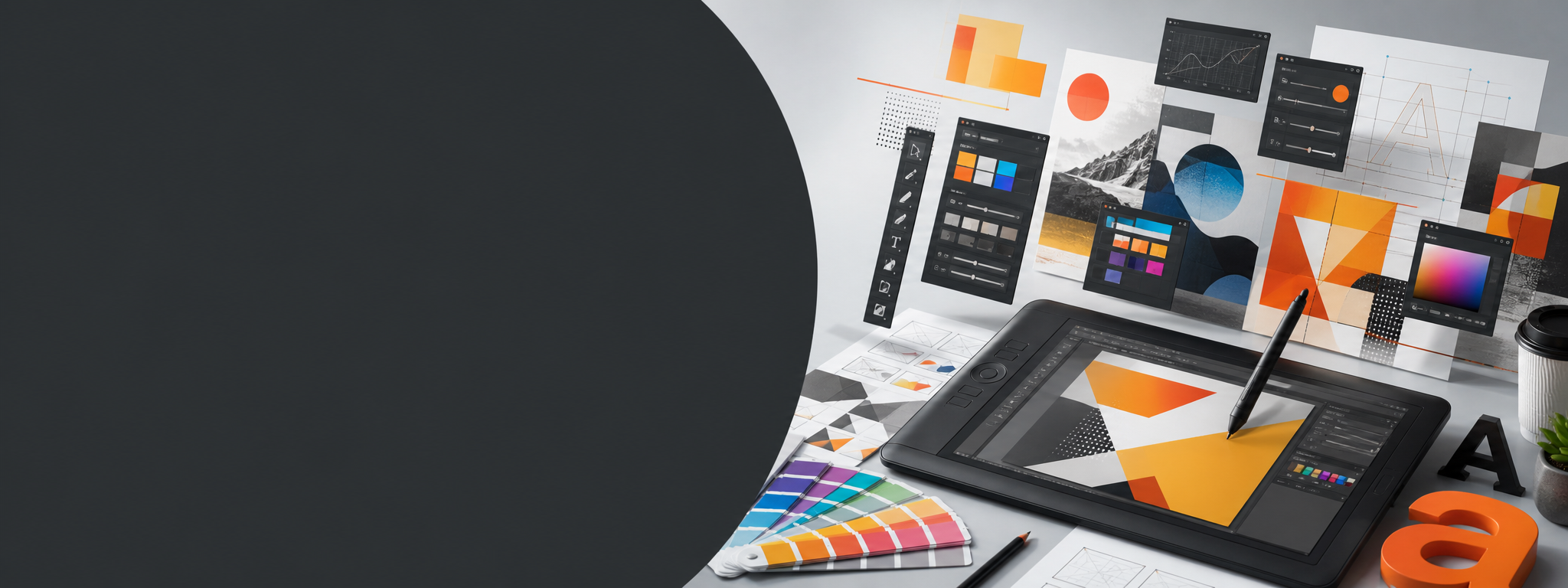 Graphic design course with tablet, color swatches, and poster layouts