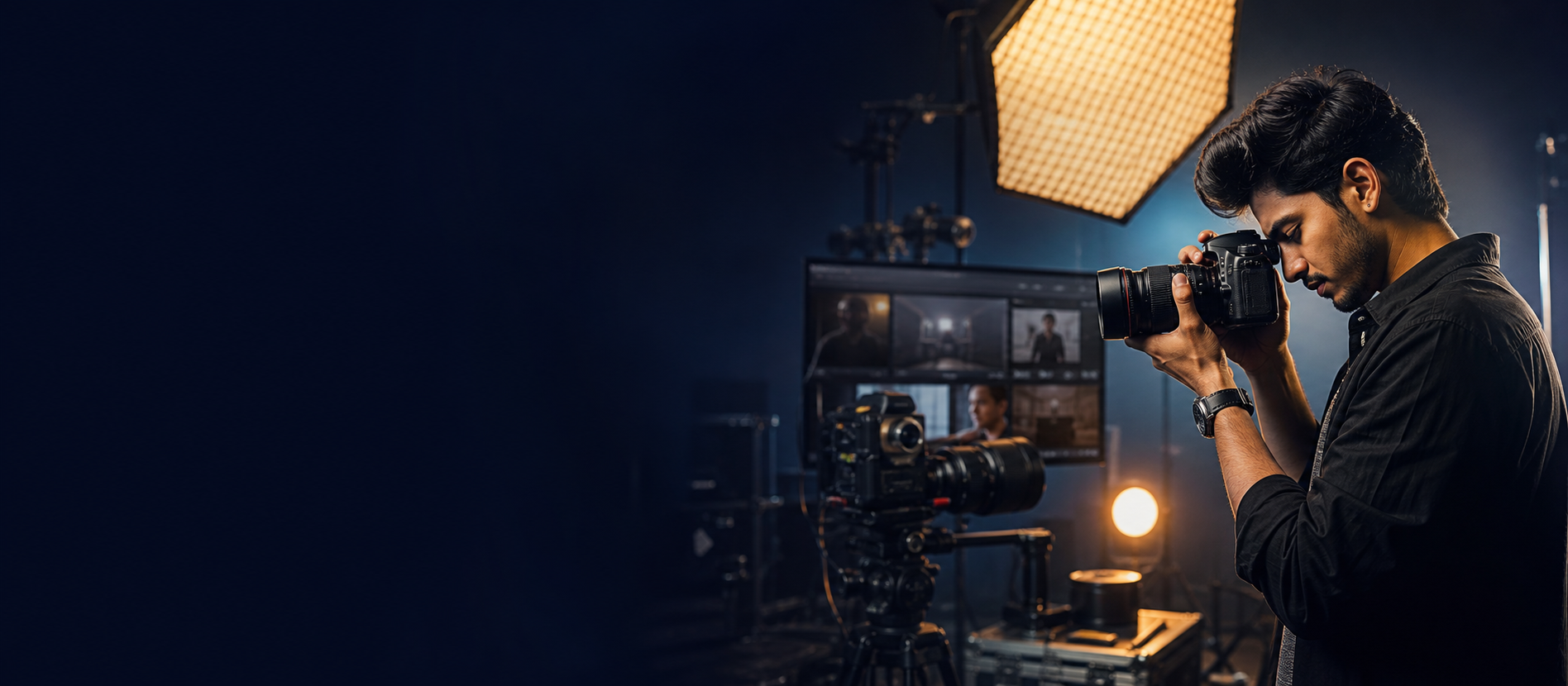 Photography and film making course studio with camera and lighting setup